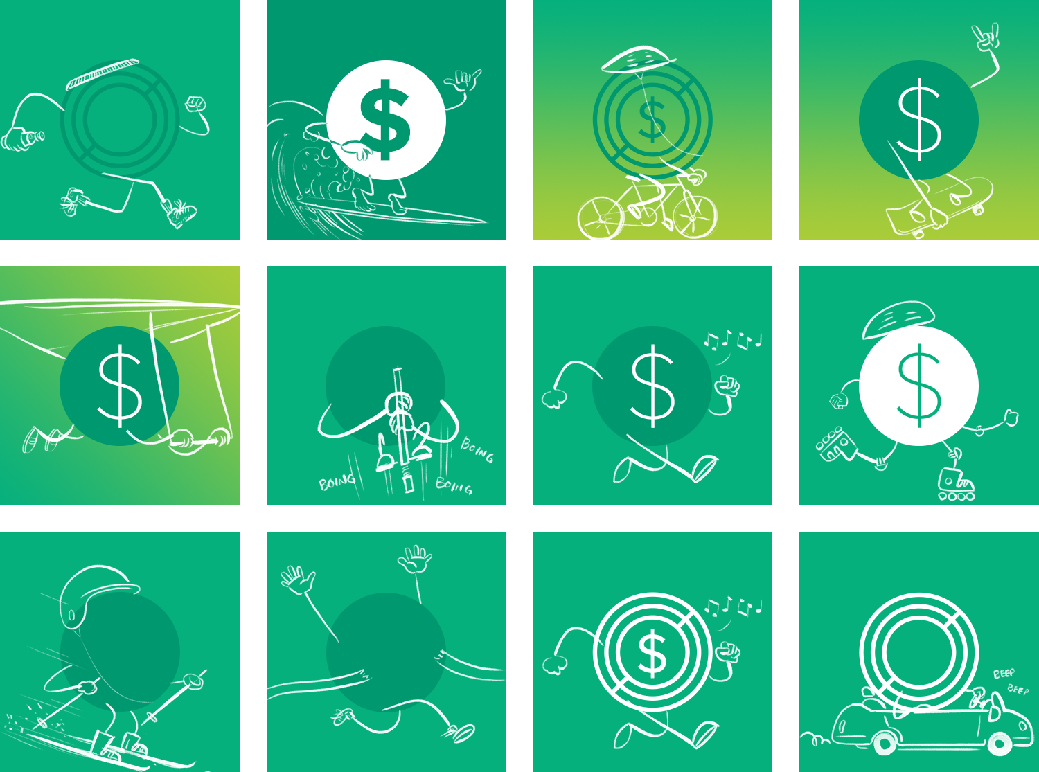 Original Circle Pay sketches of dollar coins walking, surfing, cycling and skating